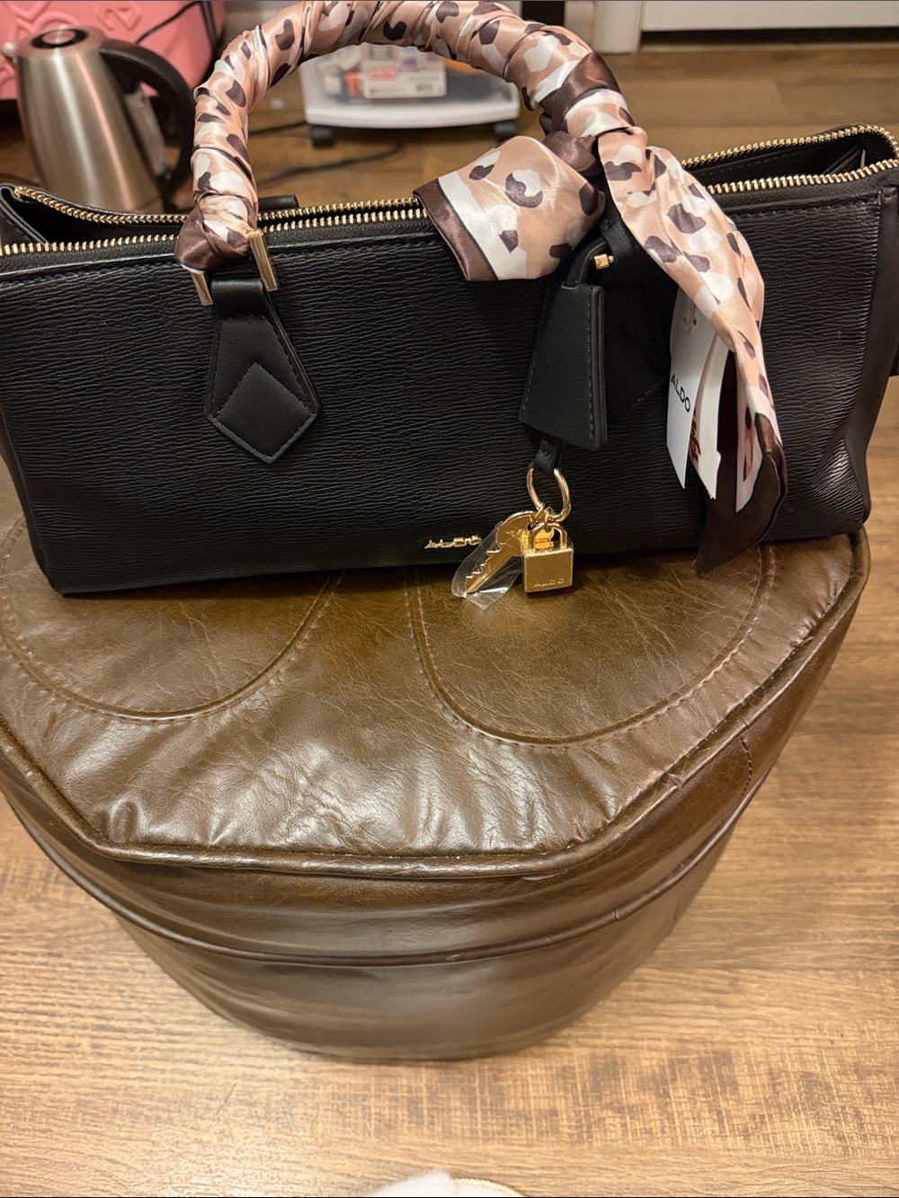 Black Structured Satchel with Printed Scarf Accent